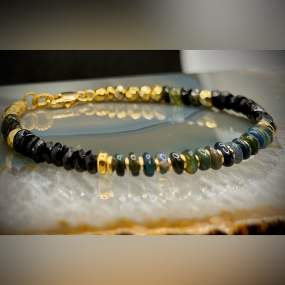 Black Welo Opal, Tourmaline,Pyrite 18kt Gold Vermeil Bracelet - Picture 7 of 8